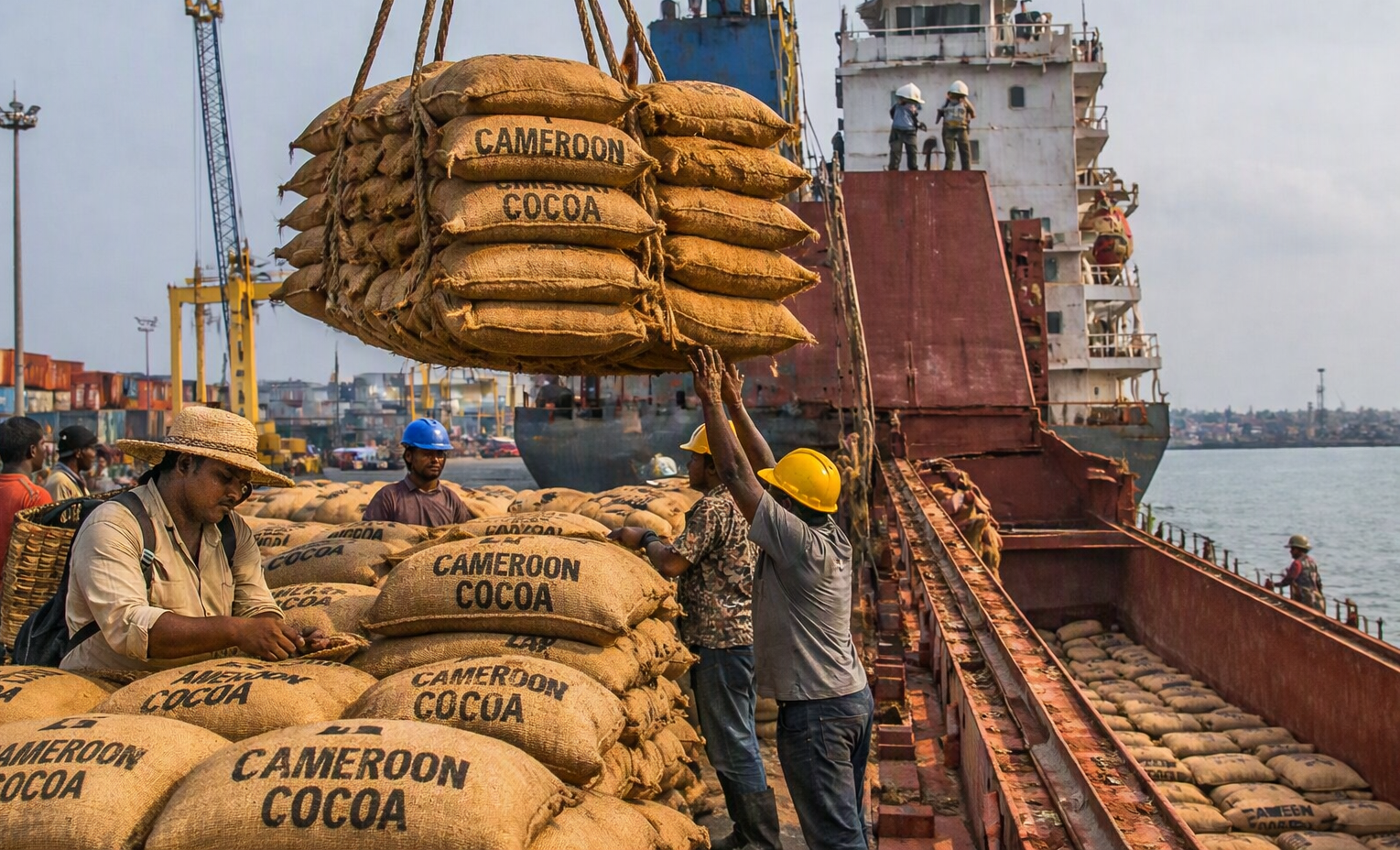 Workers loading sacks of Cameroon cocoa onto a cargo ship at the Port of Douala