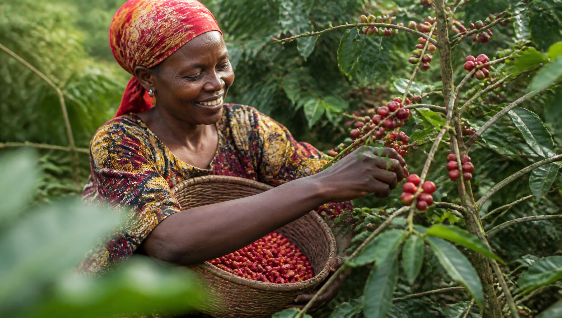 Cameroonian farmer harvesting ripe red coffee cherries into a woven basket