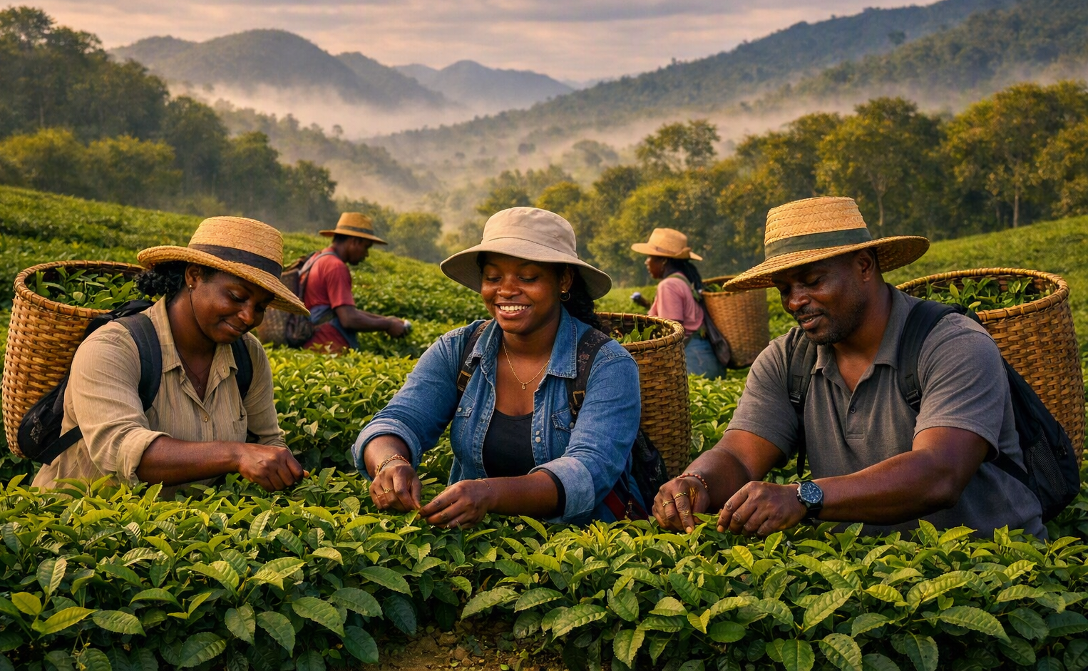 Tea pickers in straw hats hand-harvesting green tea leaves on a misty highland plantation