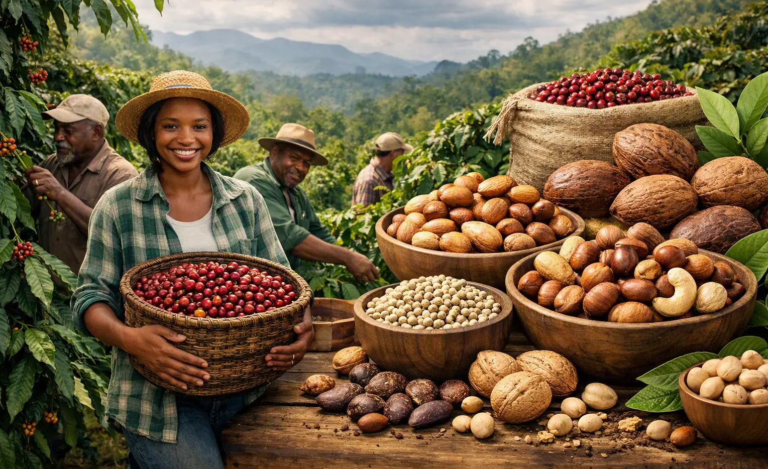 Smiling Cameroonian farmer holding a basket of red coffee cherries beside bowls of bush mango, kola and cashew nuts