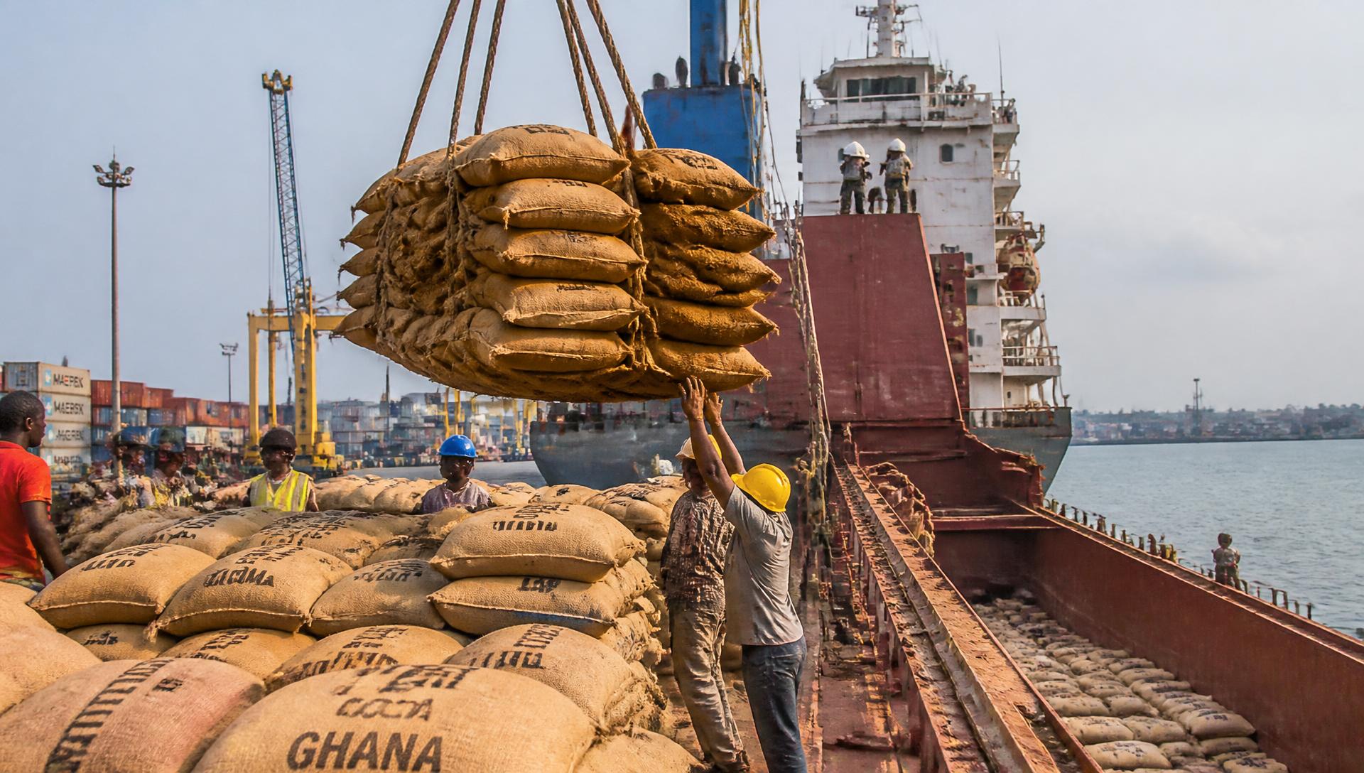 Sacks of agricultural produce loaded onto a cargo ship at port for export
