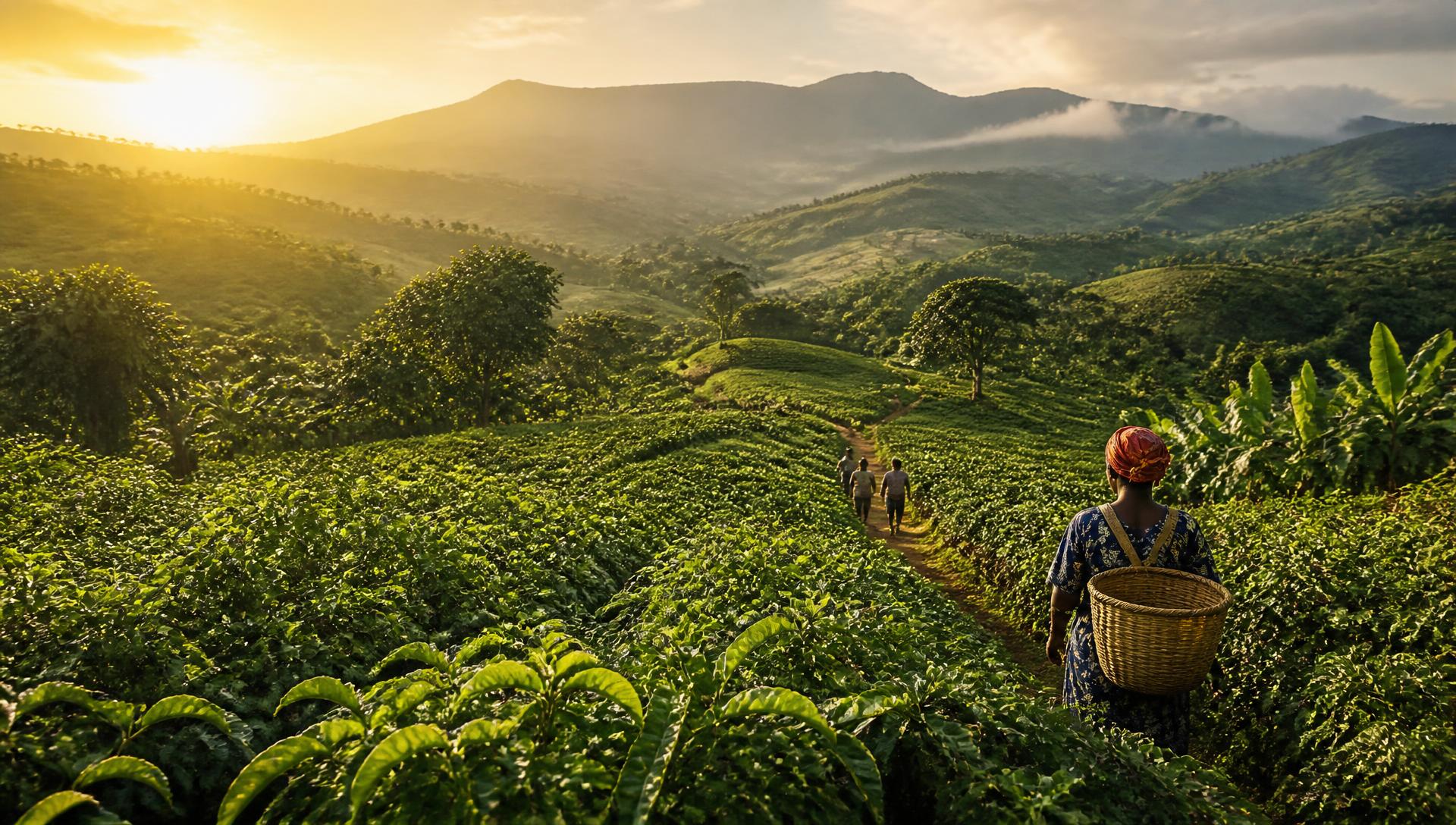 Cameroonian highland farmland at sunrise with farmers walking between crop rows